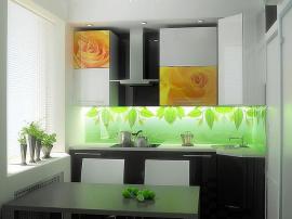 Алюминиевая маленькая кухня с фотопечатью Розы и стеклянной стеновой панелью с подсветкой