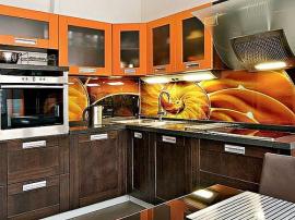 Красивая кухня с духовым шкафом, комбинированная из массива дуба и оранжевого пластика с яркой скинали