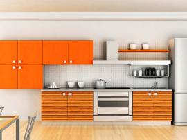 Кухня оранжевая апельсиновая с оригинальными навесными шкафами фасады МДФ в пластике