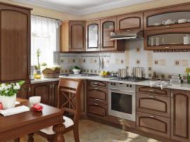 Кухонная мебель в классическом стиле со столешницей под окном