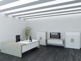 Мебель на заказ для рабочего кабинета белая со вставками из тамбурата и МДФ бизнес класса