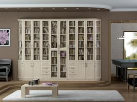 Встроенная белая библиотека с рамочными фасадами и радиусными дверцами из МДФ