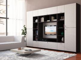 Яркая красивая мебель для гостиной на заказ с 3D фасадами белого цвета