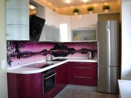 Встроенная угловая кухня из МДФ в пластике ''Фиолетовый закат'' на заказ