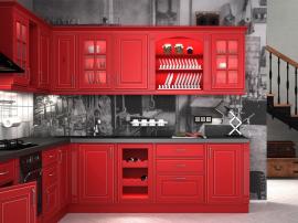 Угловая красная кухня в краске в стиле кантри