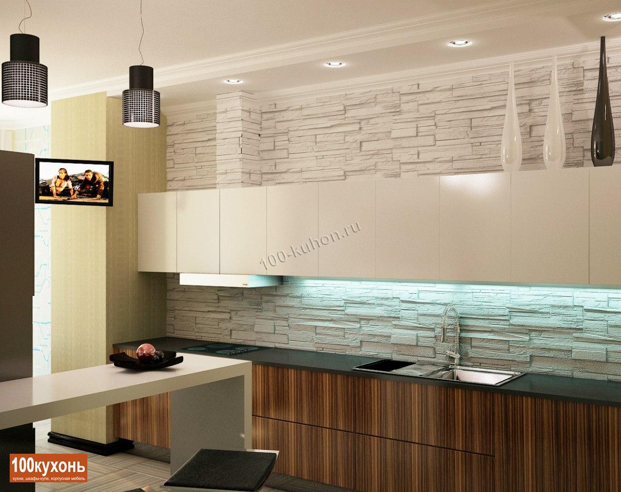 Белая глянцевая кухня с интегрированными ручками с модным параллельным расположением