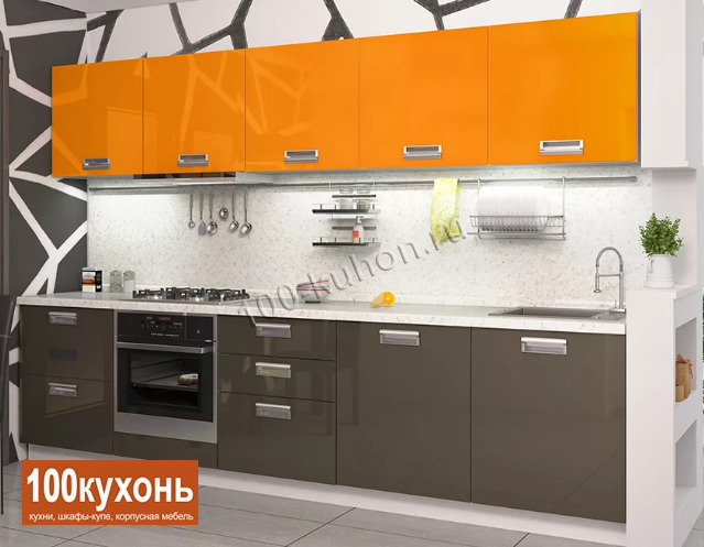Прямая кухня из пластика оранжевая/серая
