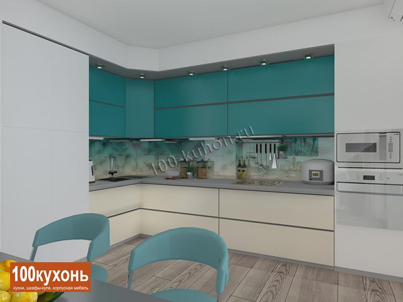Кухня бирюзовая в 3 яруса с ручками Gola