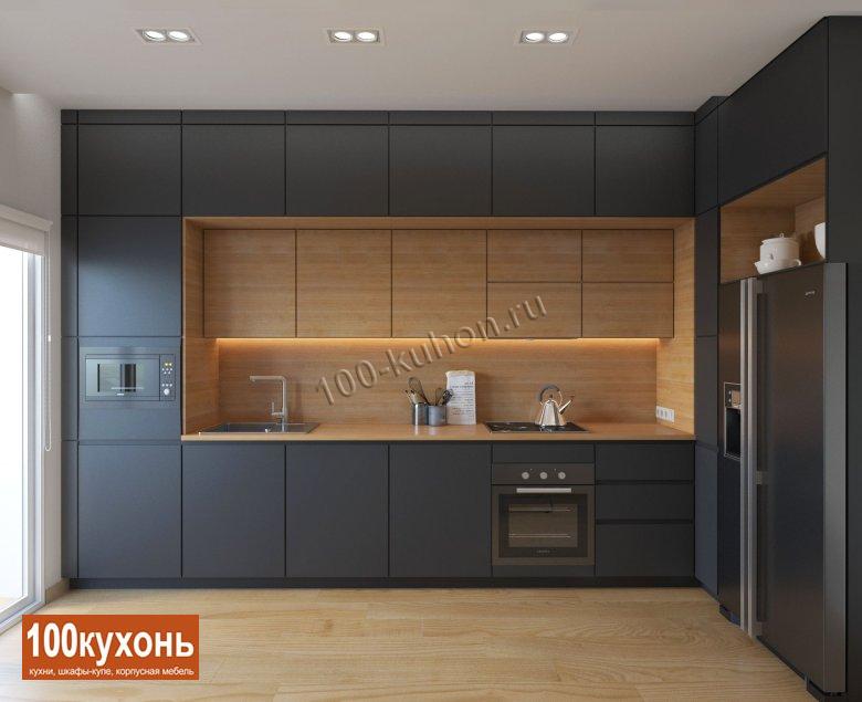 Встроенная тёмно-серая угловая кухня трёхуровневая