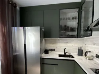 Маленькая угловая зеленая кухня с отдельно стоящим холодильником