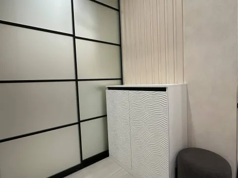 Шкаф купе в тонком профиле черного цвета с матовой вставкой